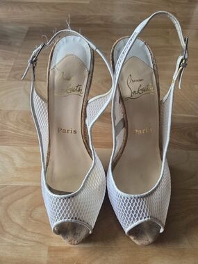 Christian Louboutin White Mesh Cork Peep-Toe Slingback Heels,fair Condition,38.5